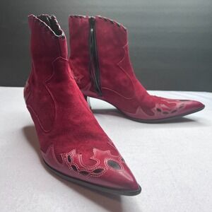 Antonio Melani Red Suede Leather Western Ankle Boots Women's 9 M Kitten Heel